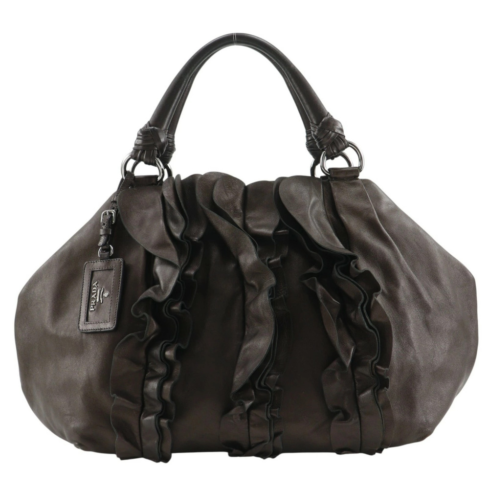Prada Frill Leather Tote Bag Snap Button Brown